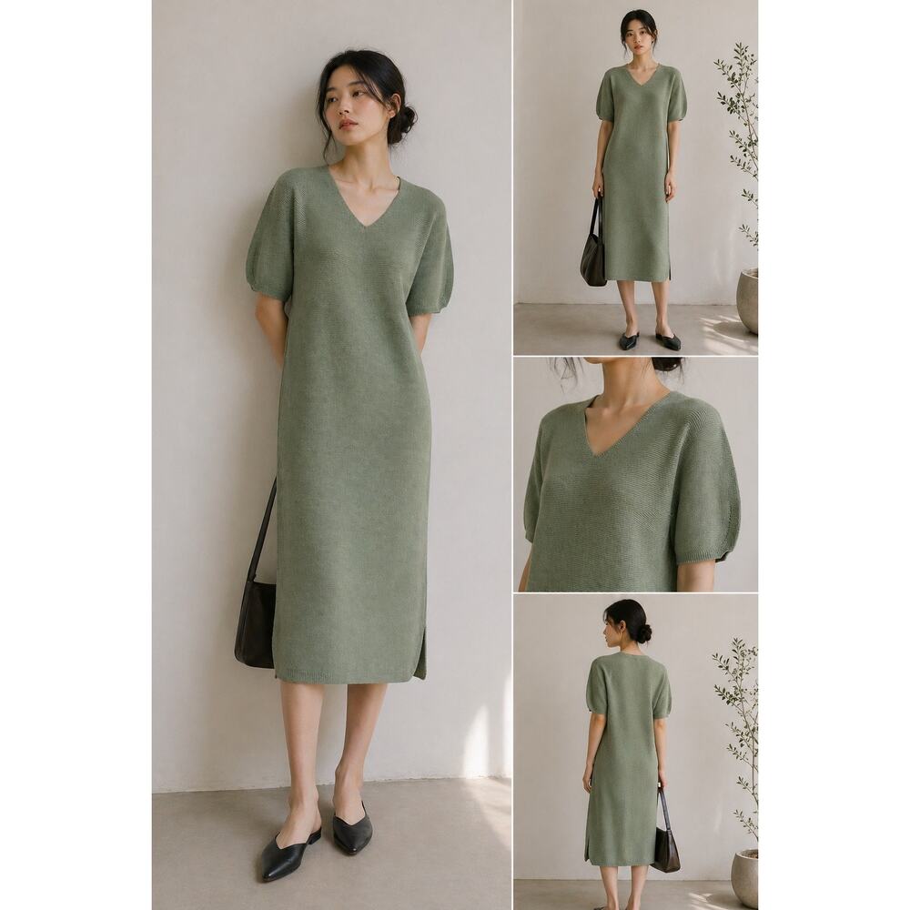 Hussein Chalayan Italy Yarn Knit Dress Green Short Sleeve Minimalist NWT Size M